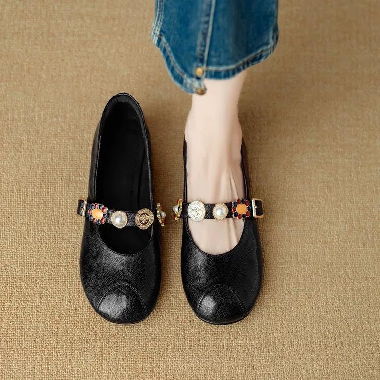 Mary Jane Shoes Female Genuine Leather 2026 New Ballet Shoes Women Round Toe Shallow Mouth Flat Ladies Shoes