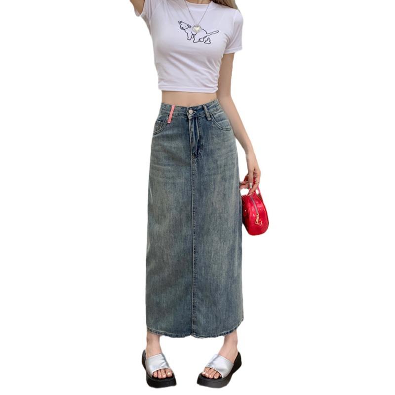 Spring and Summer Women's High-waisted Denim Half-body Skirt Tassel Split Middle Skirt A-line Skirt