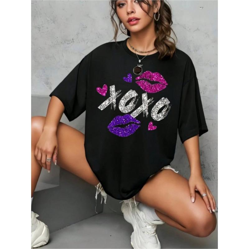 

European Size Glittery Lip Print T-Shirt - Yo Design with Pink and Purple Lips,Crew Neck, Short Sleeve,White Sneakers, and Accessories, Casual Tee 4XL