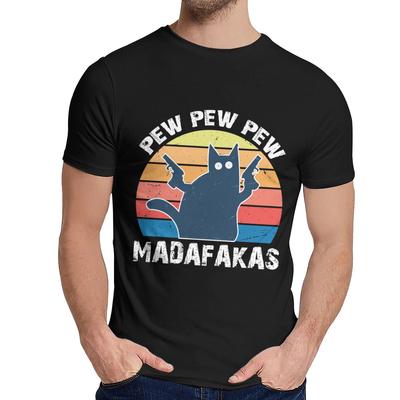 Black Cat Pew Pew Madafakas T Shirt Slim Stylish Round Neck Cartoon Print La Camiseta