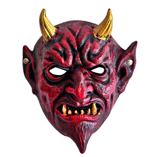Celotvářová maska Halloween Rudý ďábel Cosplay maska, Strašidelný zlatě rohatý démon Latexová realistická maškarní kostýmová párty pro muže dospělé Horor