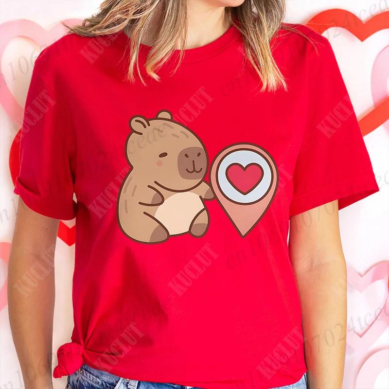 Love Heart Capybara Female Clothing Casual Tshirt Women Summer Harajuku Shirts Cute Graphic Tops Fashion Valentines Day Tees