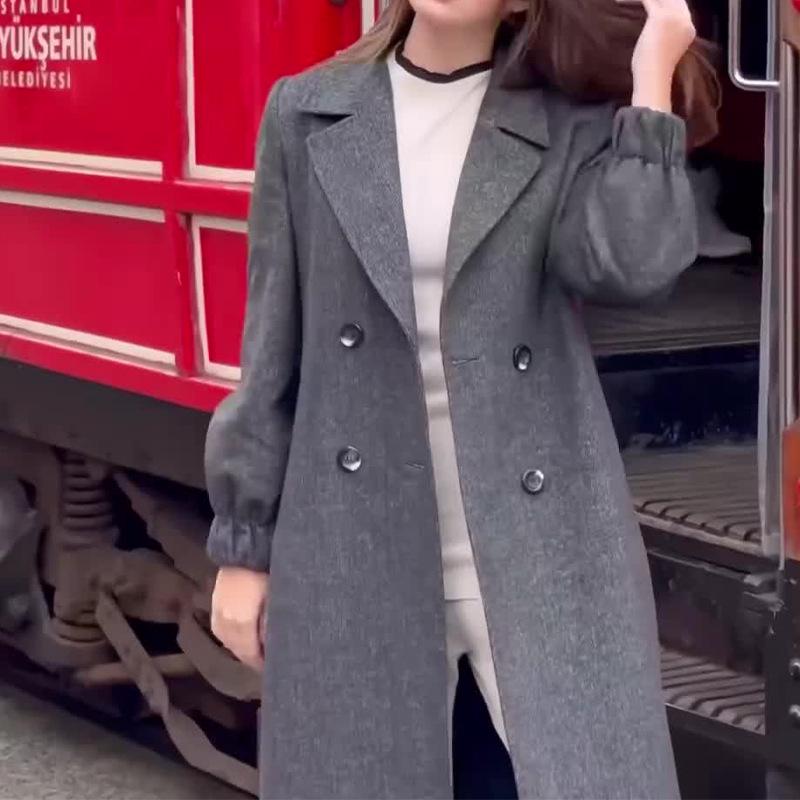 2023 Autumn/Winter European & American High-End Mid-Length Woolen Coat with Slit