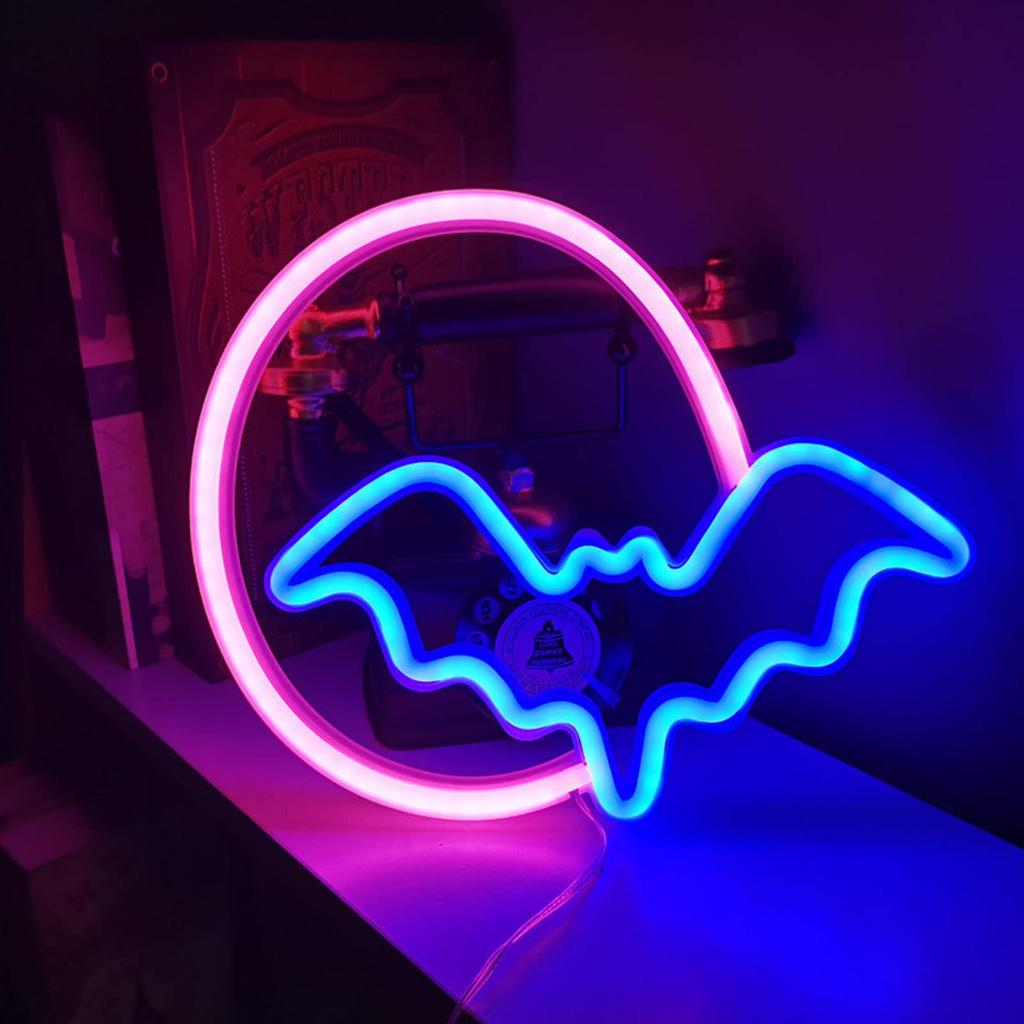 Halloween Neon Sign, Moon and Bat LED Neon Lights, USBPowered Halloween Decoration Neon Lights, Halloween Wall Decor for Halloween, Bar, Party,