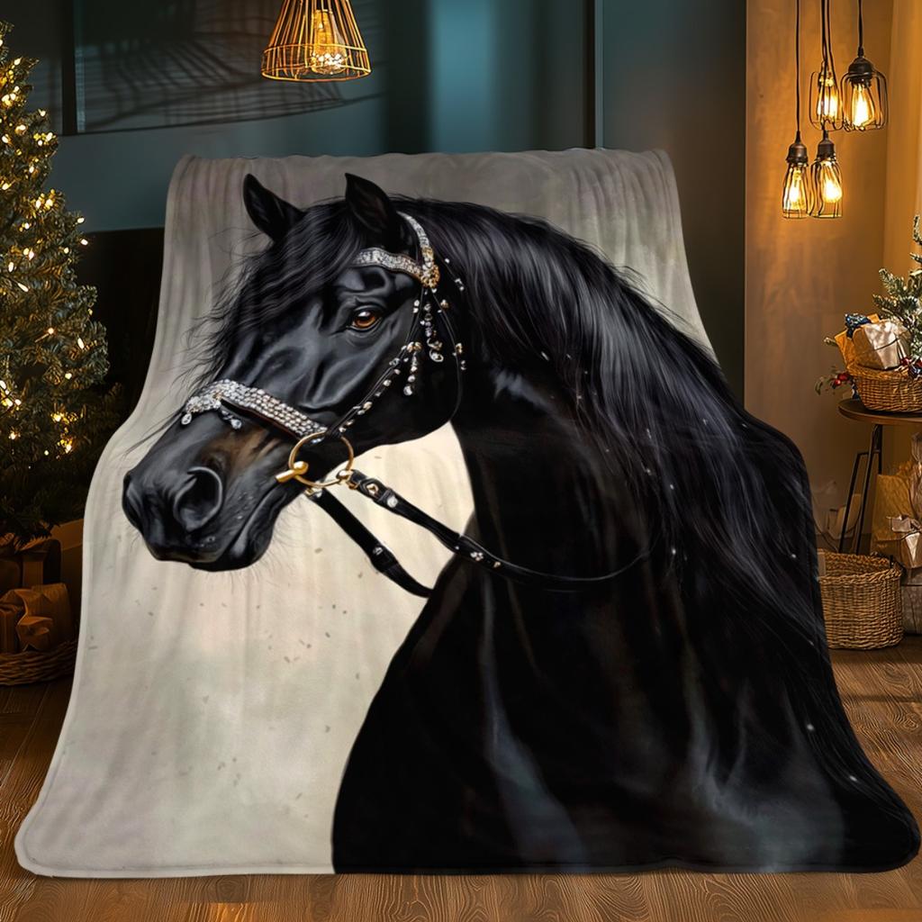 Majestic Black Horse Shiny Reins Flannel Blanket - Bed, Sofa, Office, Travel, Gift, Decoration, Chair, Comfortable Warmth