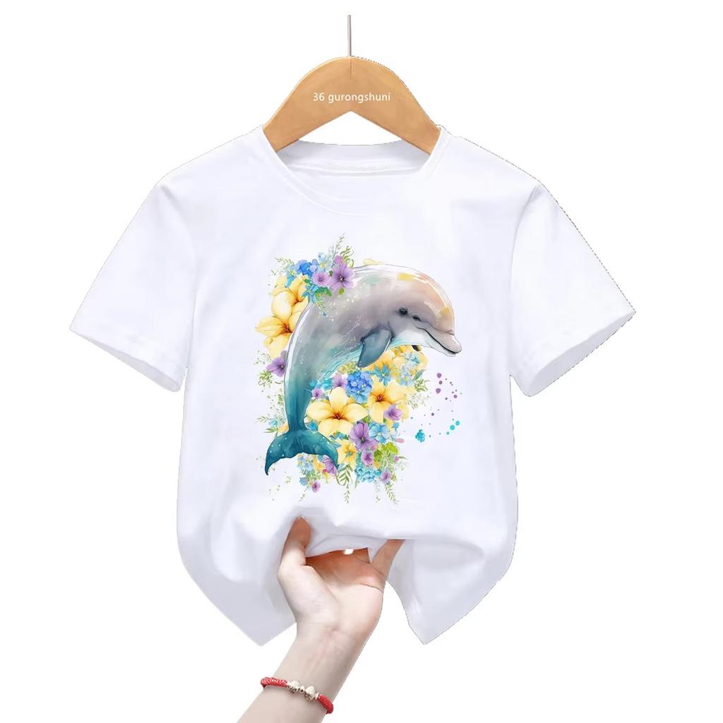 Kawaii Dolphin Whale Flowers Tshirt Watercolor Graphic Print Short Sleeve Unisex Unisex Casual Harajuku Tee