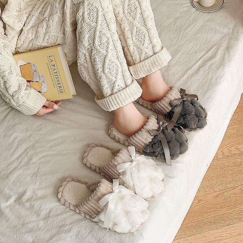 Cute bow cotton slippers women's plush autumn and winter new indoor furniture non-slip thick-bottomed fluffy slippers