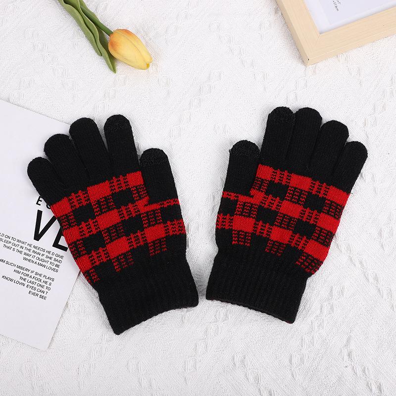 Winter Fashion Retro Plaid Gloves Outdoor Cycling Warm Five-Finger Knitted Gloves
