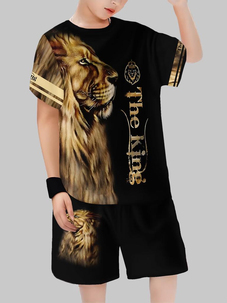 Boys Summer 2Pcs Outfit Lion King 3D Print Short Sleeve T-shirt + Shorts Kids Casual Clothing Set