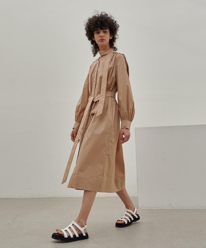 MITTE Shirring Belted Shirts Dress - Beige