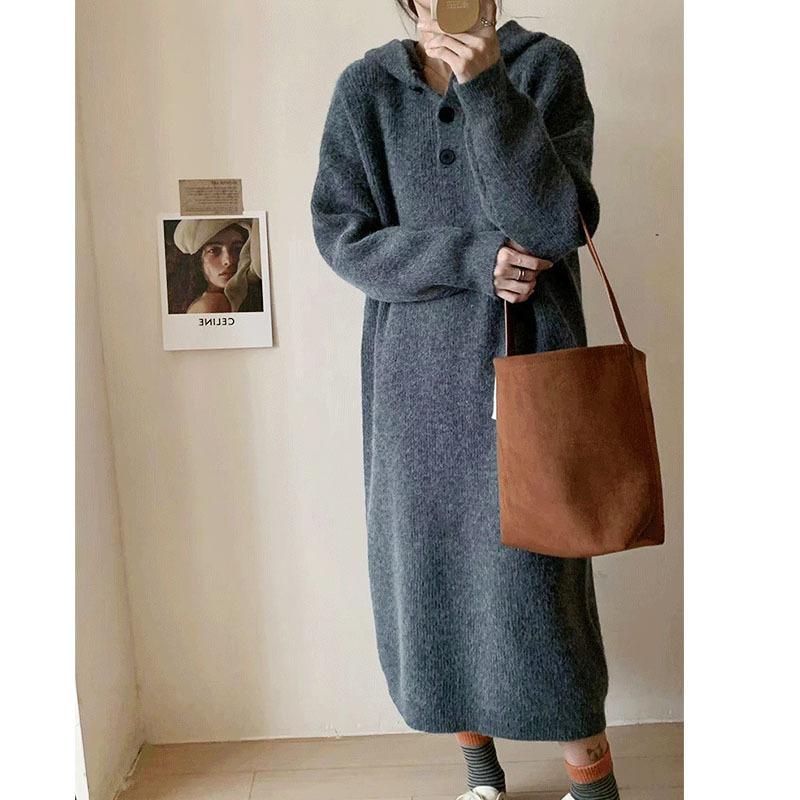Hooded Single-breasted Pullover Sweater Skirt Women's Autumn and Winter New Lazy Loose Large-size Knitted Dress
