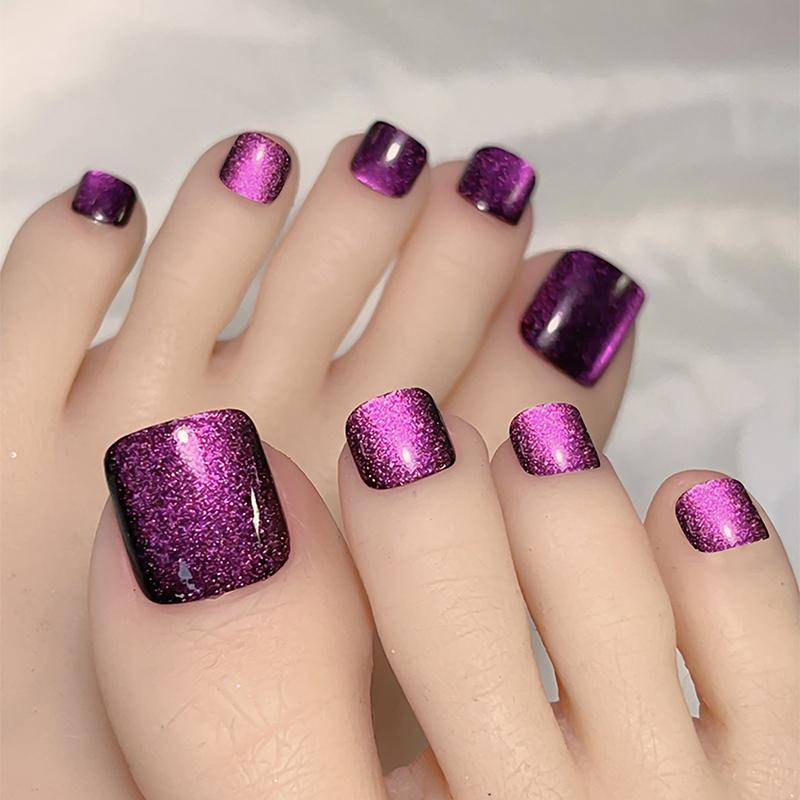 10Pcs/Box  Cat Eye Shining Diamond Toe False Nail Handmade Wearing Armor Short Press On Nails For Toes Faux