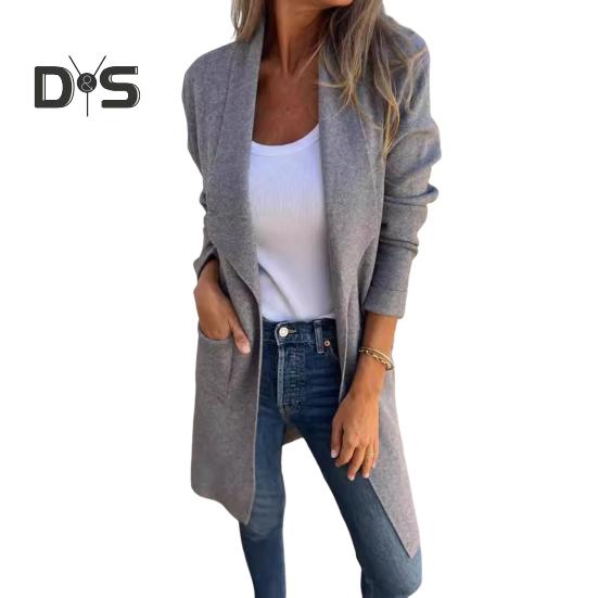 Damenjacke mit Umlegekragen, Taschen, einfarbig, offener Stich, locker, Thermo, langärmelig, Pendeln, Dating, Frühling, Herbst, Wintermantel