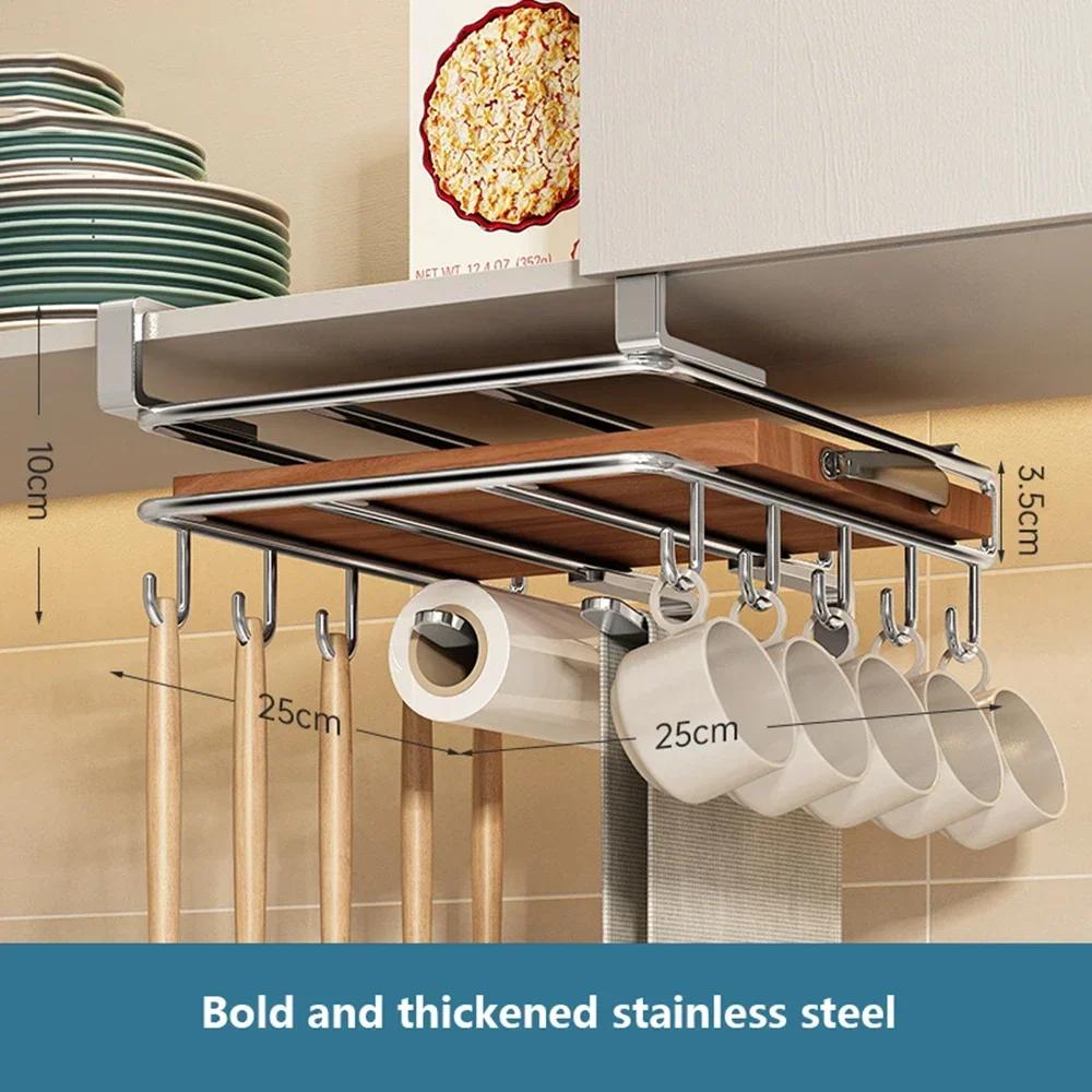 Kitchen Stainless Steel Wall Hanging Rack Under Cabinet Paper Towel Holder Pot Lid Storage with Hooks Space Saving Organizer