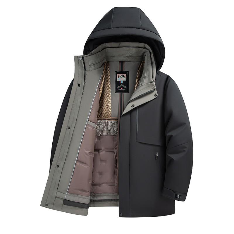 Mens Detachable Inner Liner Down Jacket Winter Warm Hooded Mid-Length Parka Middle-Aged Senior