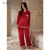 Xuan Liang Red Pajama Women's Summer Pure Cotton Thin Long Sleeve Fake Two Piece Checkered Spring and Autumn Wedding Home Dress Set