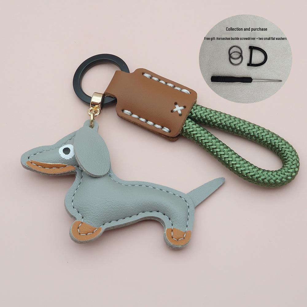 Mini Dachshund Cowhide Keychain: High-Quality Anti-Lost Lanyard with Cute Doll Pendant