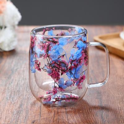 Dried Flowers Coffee Cup Double Walled Glass Coffee Mug Handle Anti-Scald Glass Mugs Dried Flowers Heat Resistant Cup