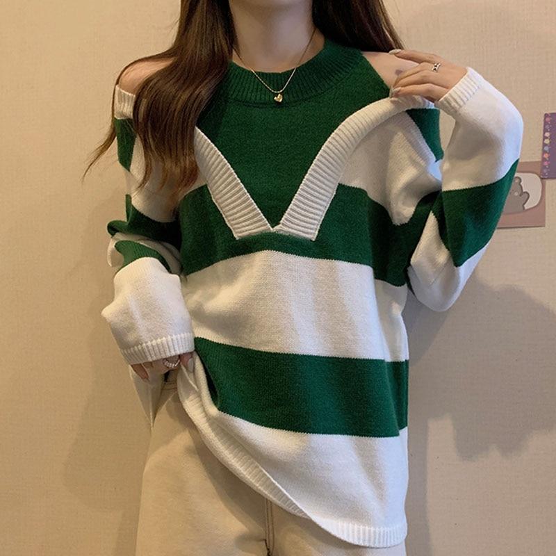 Autumn Casual Loose Striped Sweater Women Winter Sexy Off Shoulder Knitted Pullover Fashion Style Soft Top 28931