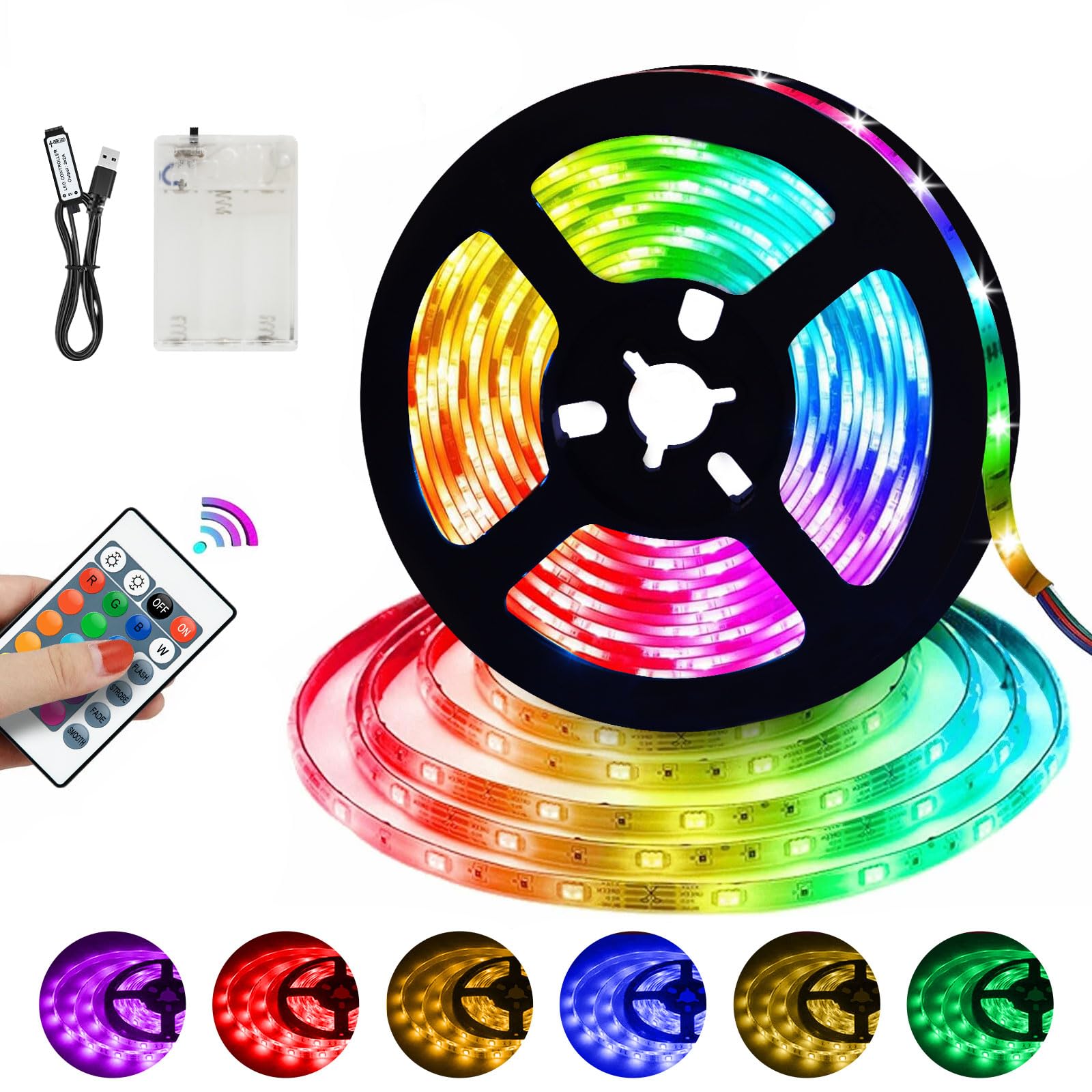 

Auting LED Strip Lights 5M Battery USB Powered RGB 5050 LEDs TV Backlighting Indirect Lighting Bedroom Gaming Room Decorative Dimmable Color