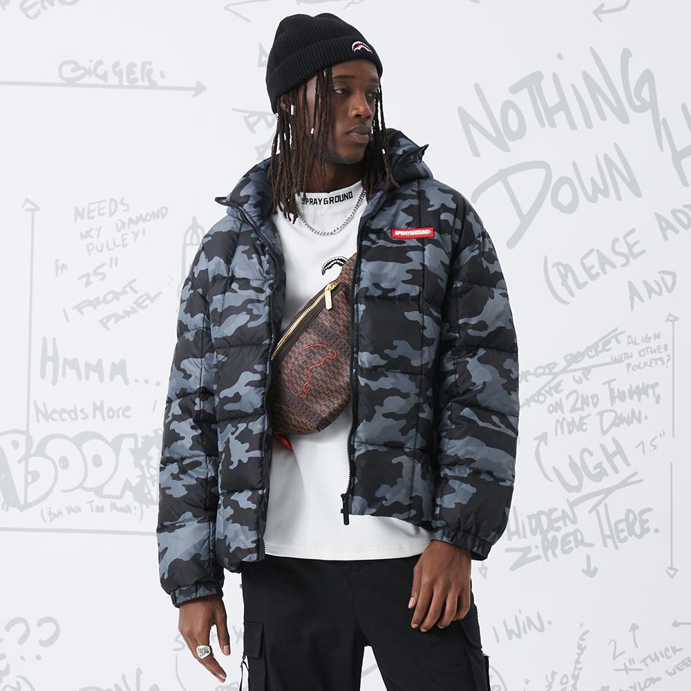 Sprayground Zimní SG Žralok Velký Logo Nášivka Kamufláž Teplá Zipová Péřová Bunda Unisex Svrchní Oblečení Černá WD941318
