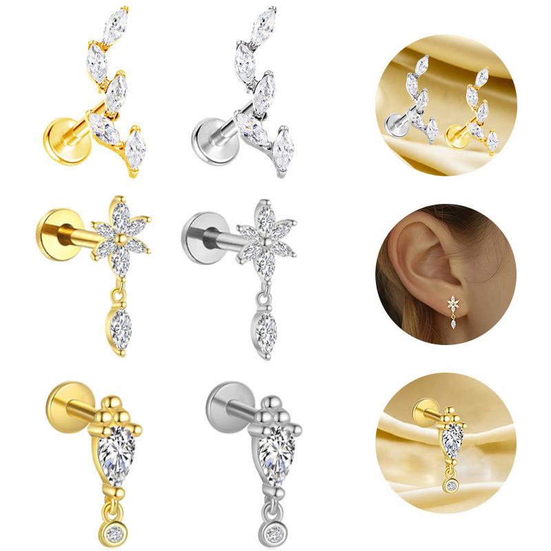 Titanium Five Marquise Climber Earring Flat Back Leaf Helix Cartilage Labret Stud Piercing Jewelry
