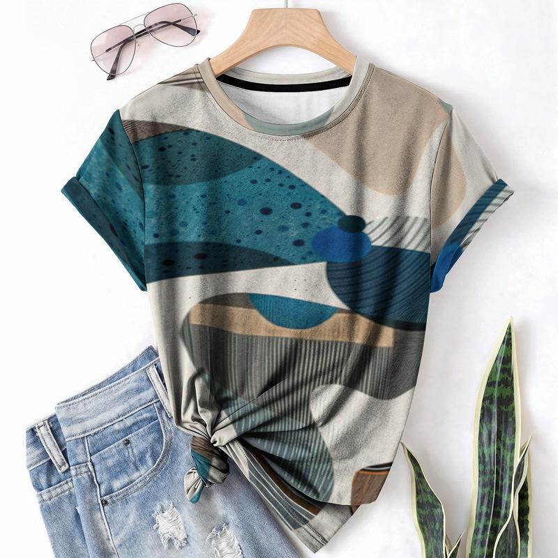 T-shirt da donna estiva a girocollo a maniche corte con motivo astratto stampato in 3D, artistica, leggera, casual e alla moda
