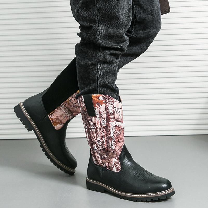38-46 Cowboy Boots Men Black Brown Work Training Boots European and American Style Leaf Graffiti Western Cowboy Motorcycle Boots