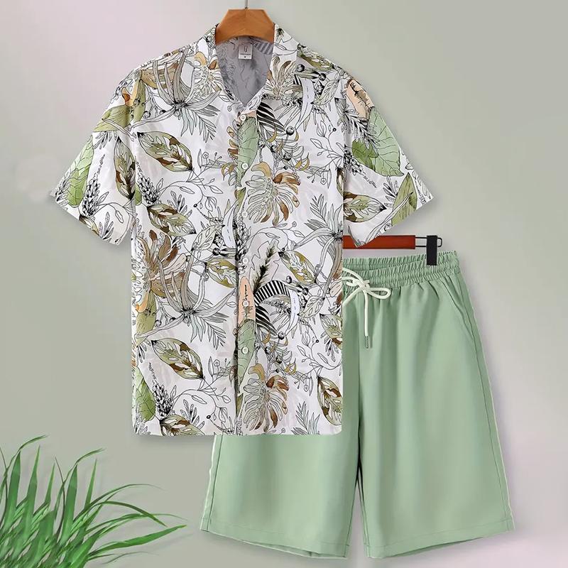 Stylish Lapel Button-Down Shirt Shorts Set Summer Men's Short-Sleeved Shirt Drawstring Shorts 2-Piece 3D Leaf Print Travel Suit
