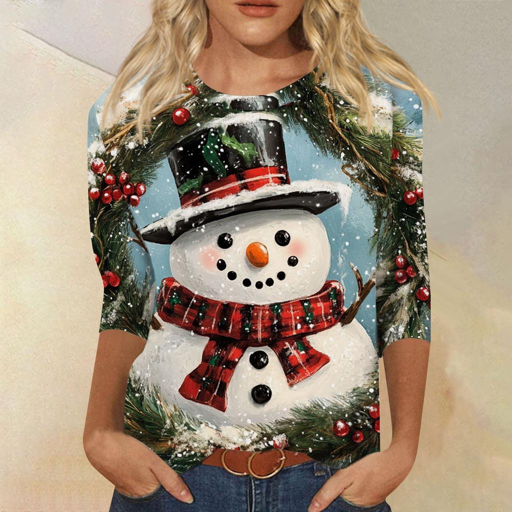 Damenmode, lässiges Oberteil mit sieben Ärmeln und Weihnachtsdruck, Rundhalsausschnitt
