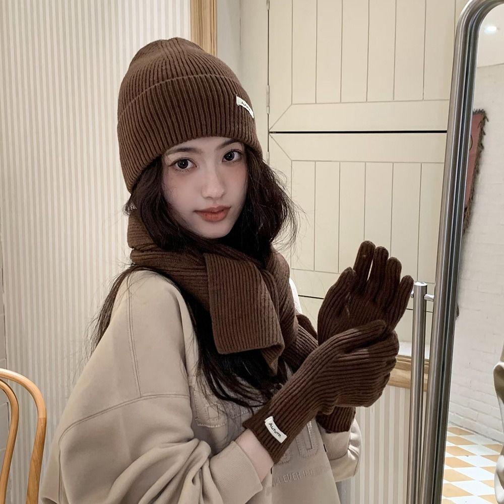Solid Color Hat Scarf Gloves Set Warm Winter Beanie Hat Neck Warmer Thermal Knit Cap Hiking