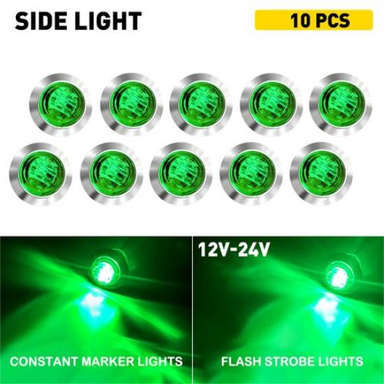 10PCS 3/4  LED Strobe+Steady Marker Lights Dual Function Green 3-Wires 12V-24V