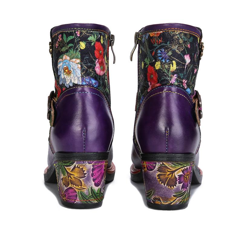 Johnature Vintage Floral High Heeled Women's Boots Genuine Leather Shoes Hand-painted Belt Buckle Fashion Short Boots