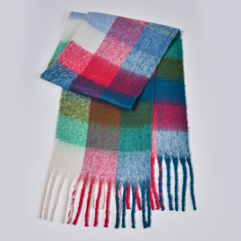 New autumn and winter rainbow plaid scarf fashion circle yarn thickened warm plaid fringed long scarf couple