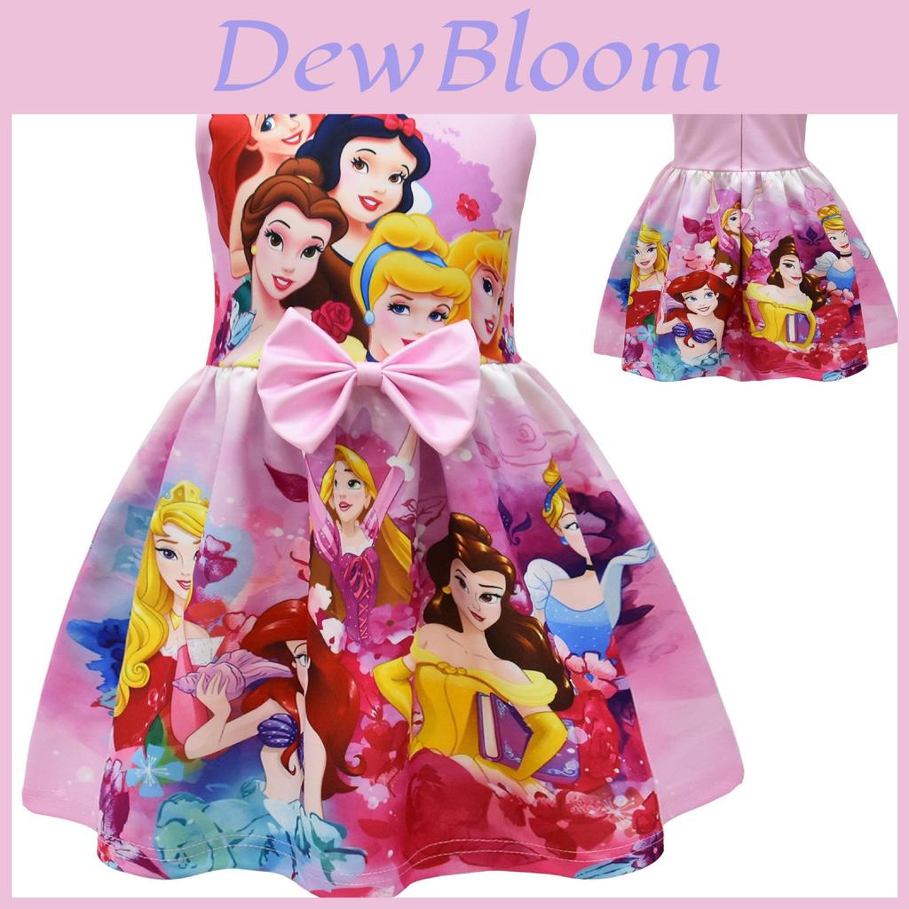 Vestito Bambina Biancaneve Con Stampa Cartone Animato E Stile Svasato Pieghettato Per Il Gioco Primaverile