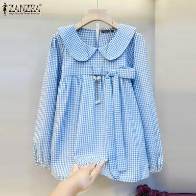 Women Doll Collar Casual Long Sleeve Plaid Print Blouse