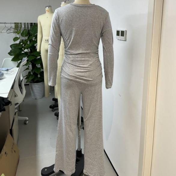 Autumn Women's Casual Pant Suit Pleated Decoration Solid Color Long Sleeve Top High Waisted Wide Leg Pants Sweatshirt