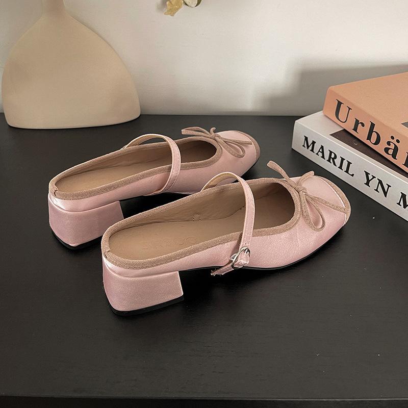 2025 Summer New Fairy Style Bow Ballet Shoes Women's Wear Silk and Satin Surface One Word with Bag Head Single Shoes