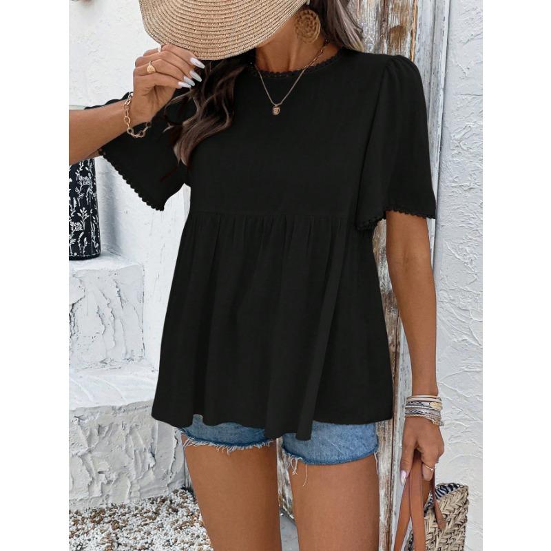 YYFS Women's Fashion Casual Summer Spring Solid Color Print  Short Sleeve O-Neck Blouses & Shirts