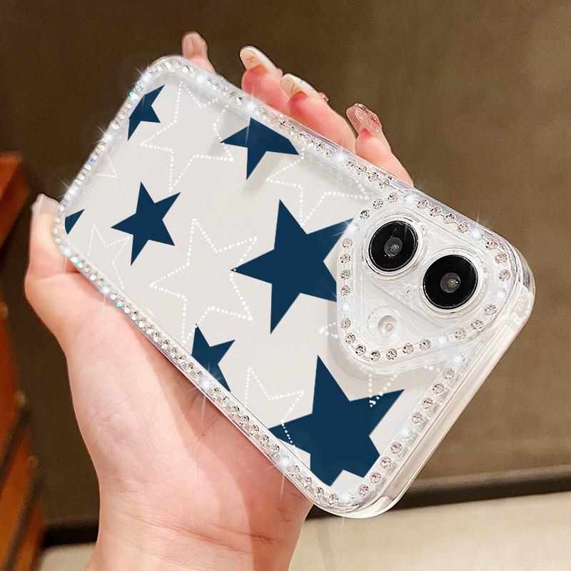 Stars Pattern Diamond Frame Clear Soft Silicone Case For iPhone 16 Pro Max 16E 15 14 Pro 13 12 11 Lens Protection Shockproof Phone Cover