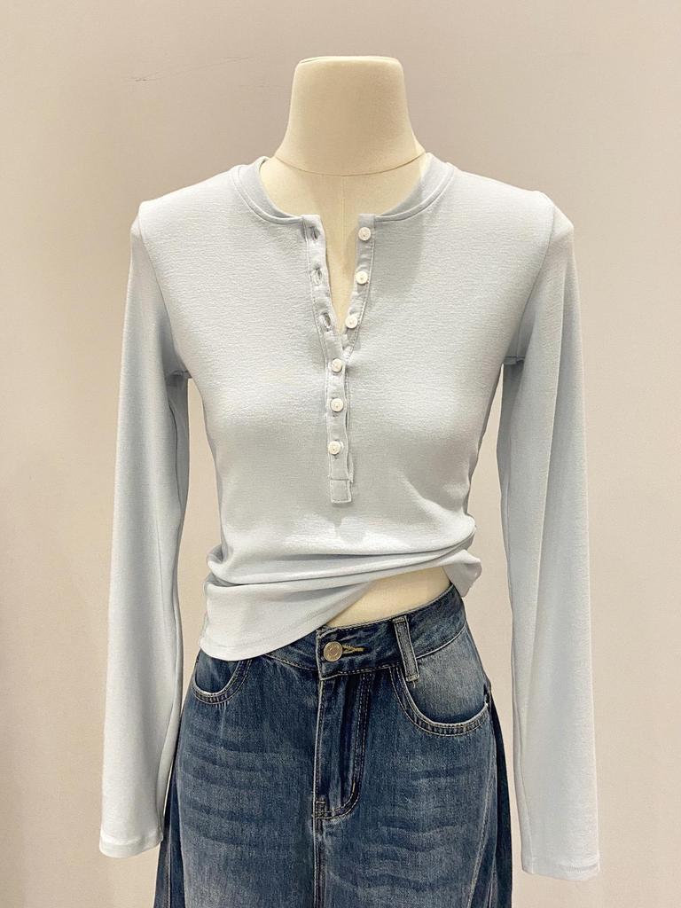 Women's Slim Fit Long Sleeve Henley Collar Mousse Cashmere Top for Spring/Autumn