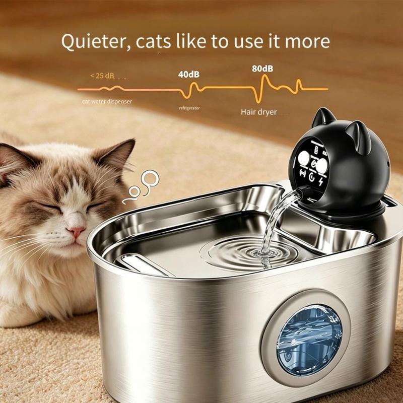 Indoor Pet Waterer with 304 Metal Tray, Front Level Window and Lifted Outlet for Daily Household Drinking Use Home