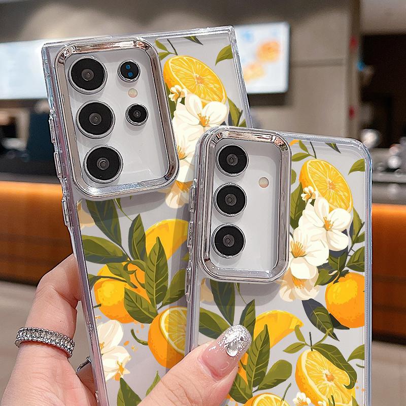 Flowers Fruits Print Case For Samsung S26 S25 Ultra S24 S23 S22 S21 FE A15 A35 A55 A16 A26 A36 A56 A17 A37 A57 5G Plating Lens Clear Soft Cover