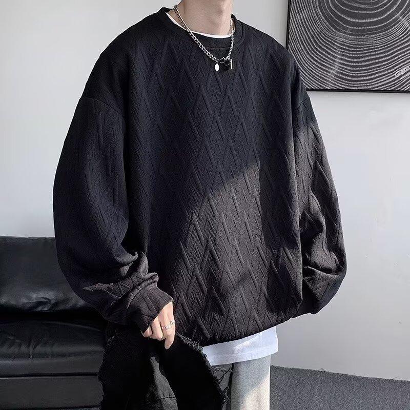 Crew Neck Jacquard Sweater Men's Long-sleeved T-shirt Spring and Autumn American Loose Casual Men's Clothing Without Hat and Bottoming Shirt
