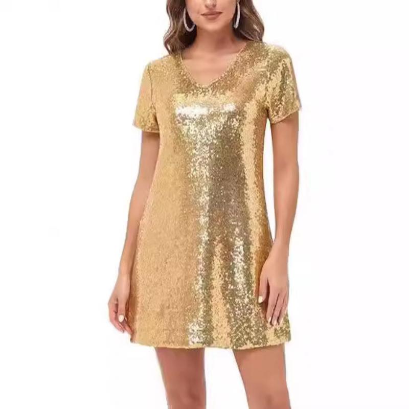 

2025 Temperament Mid Талия Глубокий V Темперамент Однотонный Цвет Банкетное Вечернее Короткое Юбочное Платье Temperament S золотой