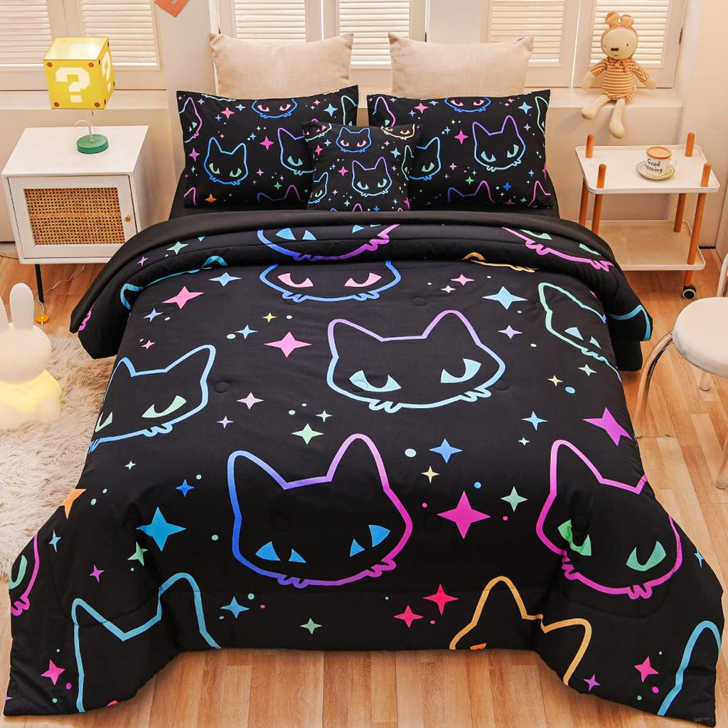Cute Kitten Bedding For Girls Boys Black Cat Pattern 3 Piece Decorative Duvet Cover Set King Size Bedroom Decor Comforter Cover