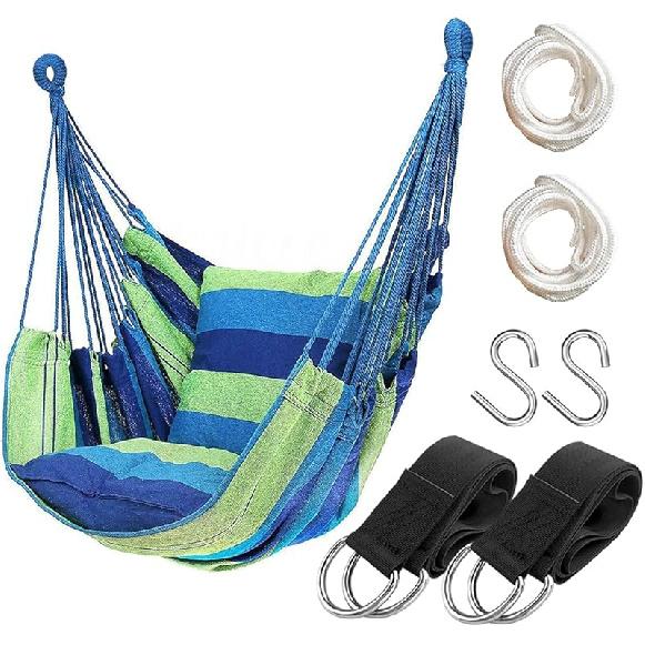 Hammock Chair Hanging Rope Swing Seat for Indoor Outdoor, Sturdy Cotton Weave Hammock Swing, Max 300Lbs Hanging Hammock Chair (Pole and Pillows NOT