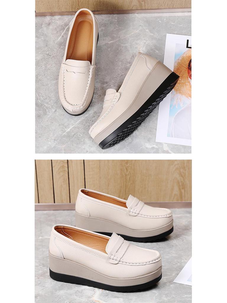 Women's Plus Size Genuine Leather Slip-On Platform Shoes - Thick Sole, Height Increasing, Spring & Autumn Fashion for Work.
