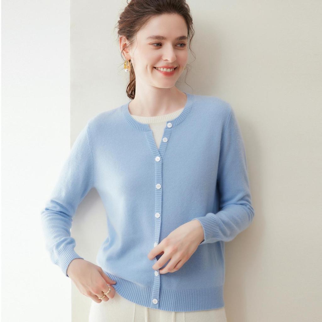 Lekasha Women's 100% Pure Cashmere Round Neck Single-Breasted Pullover with Faux Two-Piece Long Sleeves