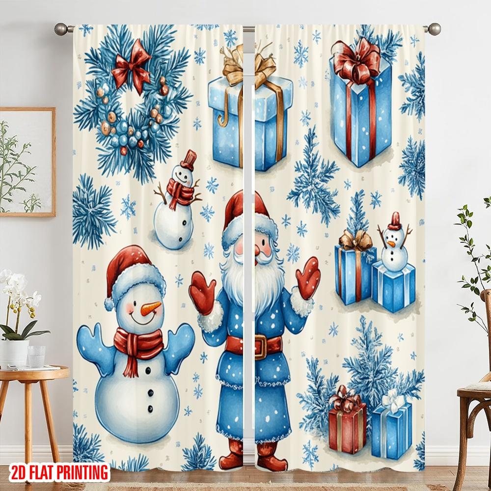 2pcs,2D plane printing Window Curtain Cute Snowman Christmas Wreath Festive Season (3) Versatile 100% Polyester (without rod)